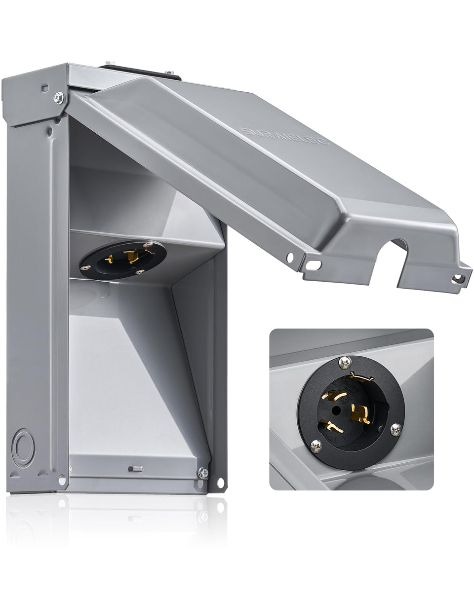SURAIELEC 50 amp generator inlet box front view for outdoor power access