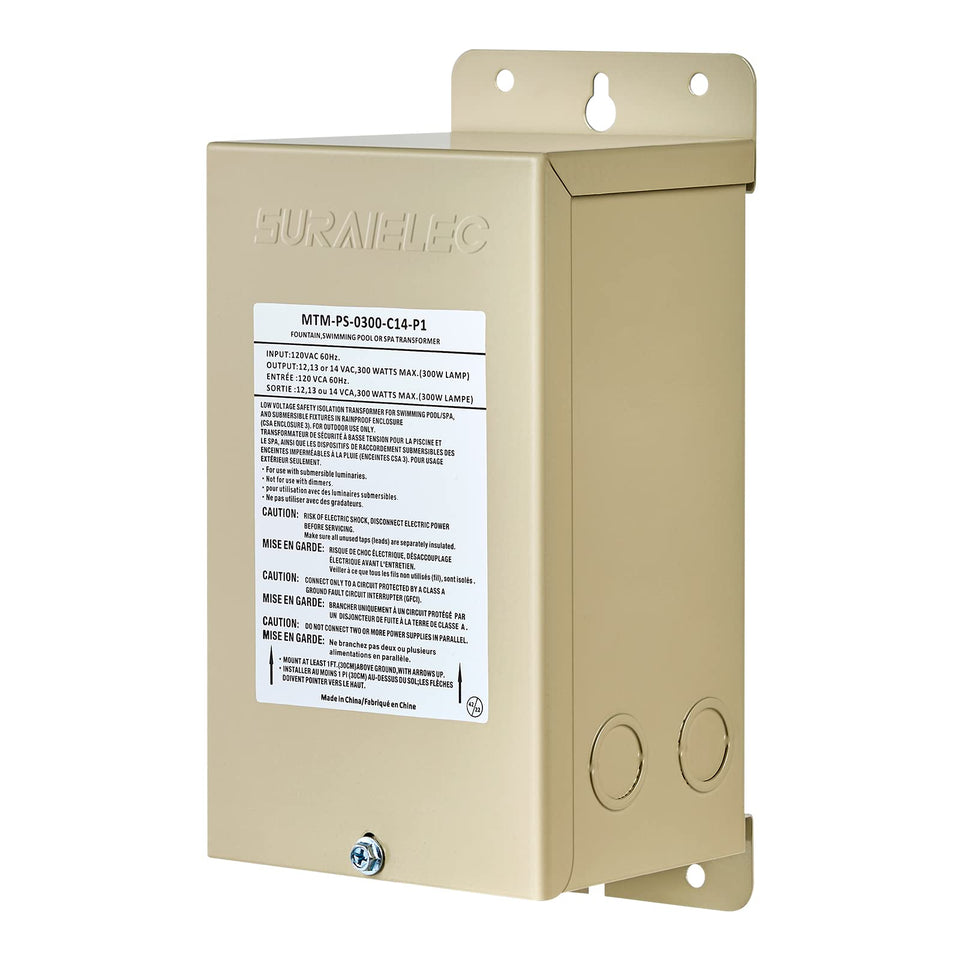 Suraielec 300W pool light transformer top view, compact outdoor lighting solution.