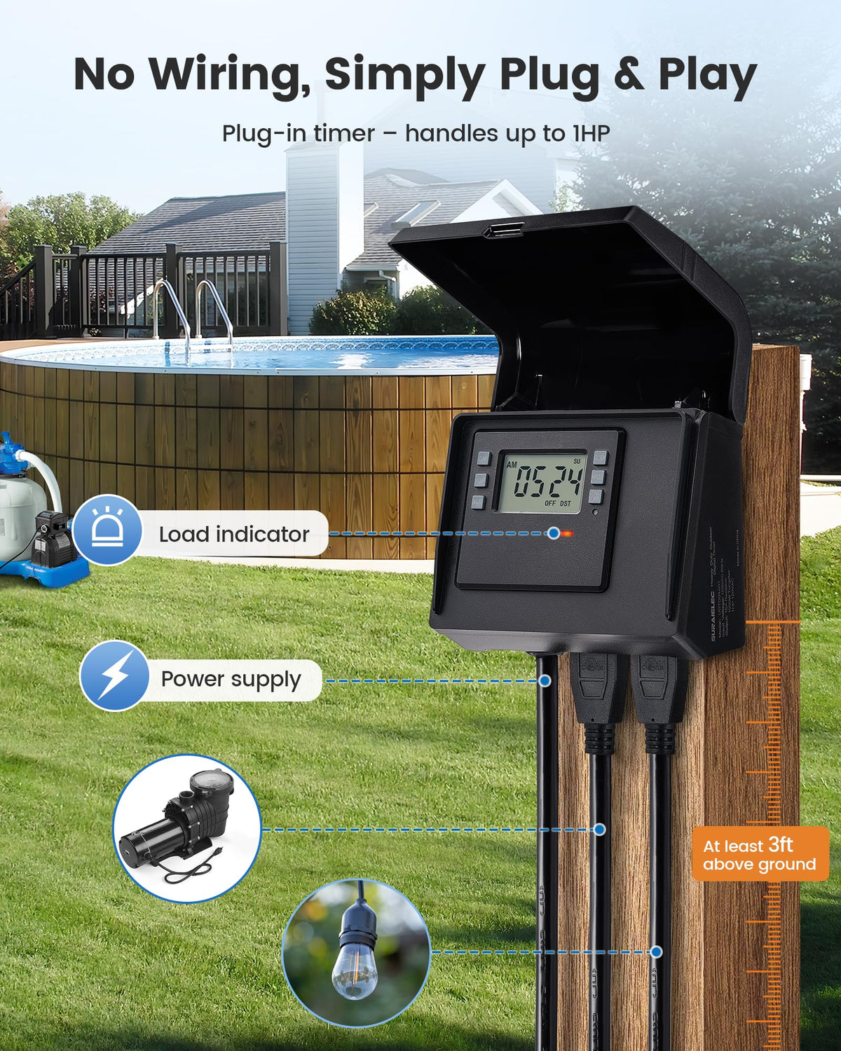 SURAIELEC NEMA 5-15R plug in timer connected to outdoor receptacle