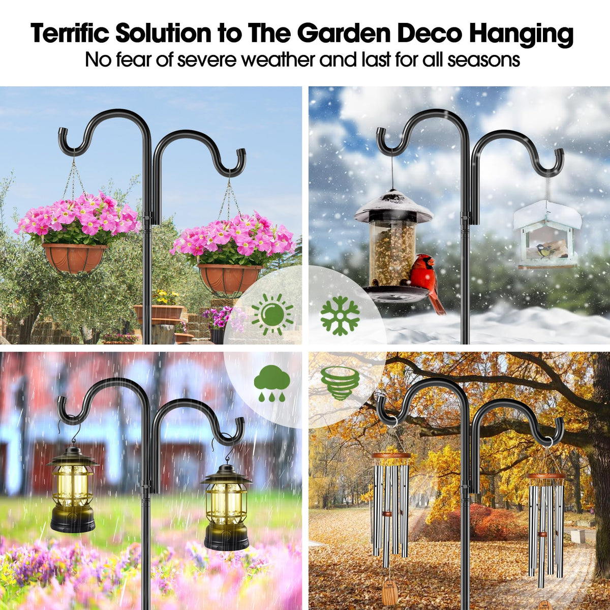 Surprizo Double Shepherds Hook bird feeder hanging with garden backdrop
