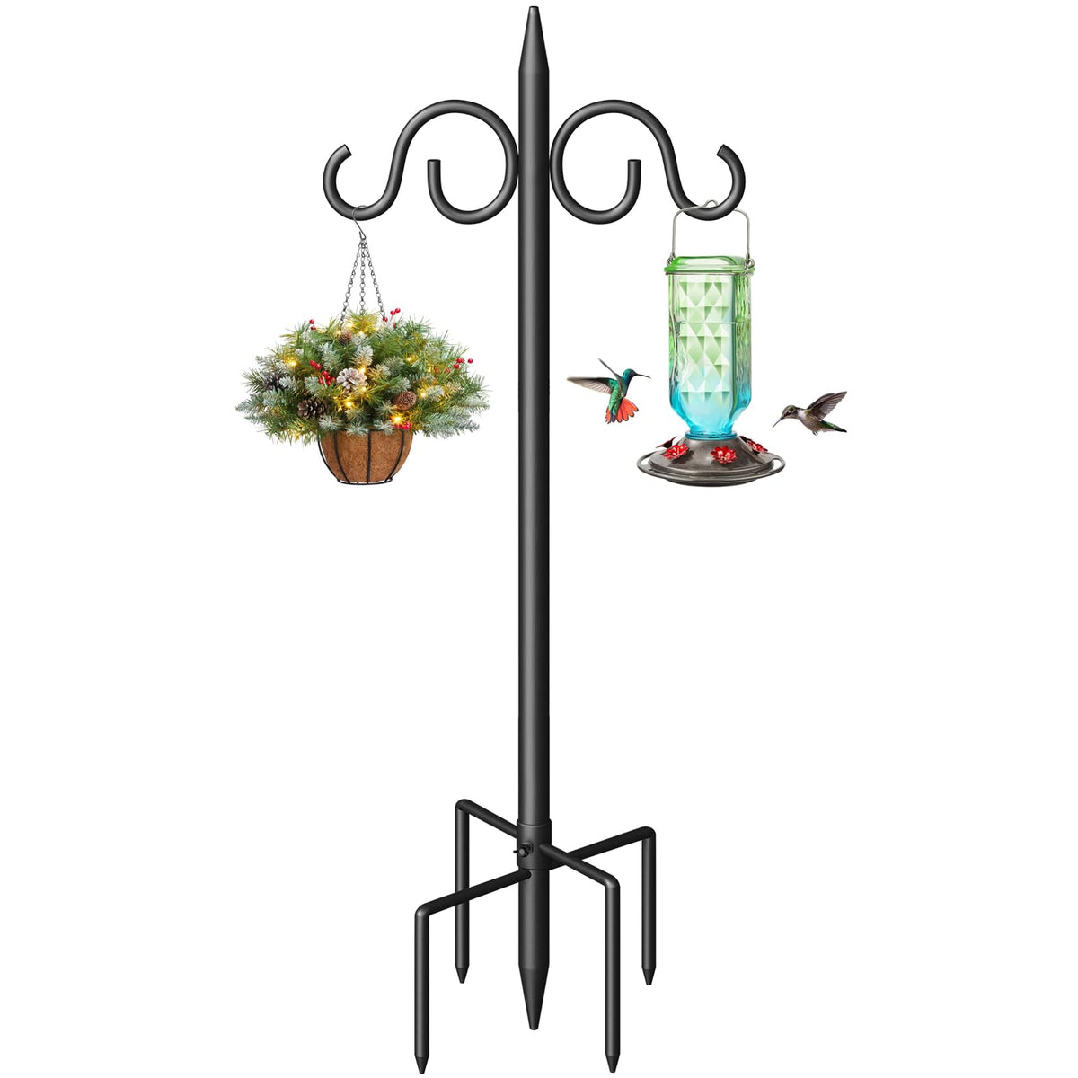 Surprizo double shepherds hook with dual arms supports multiple bird feeders.