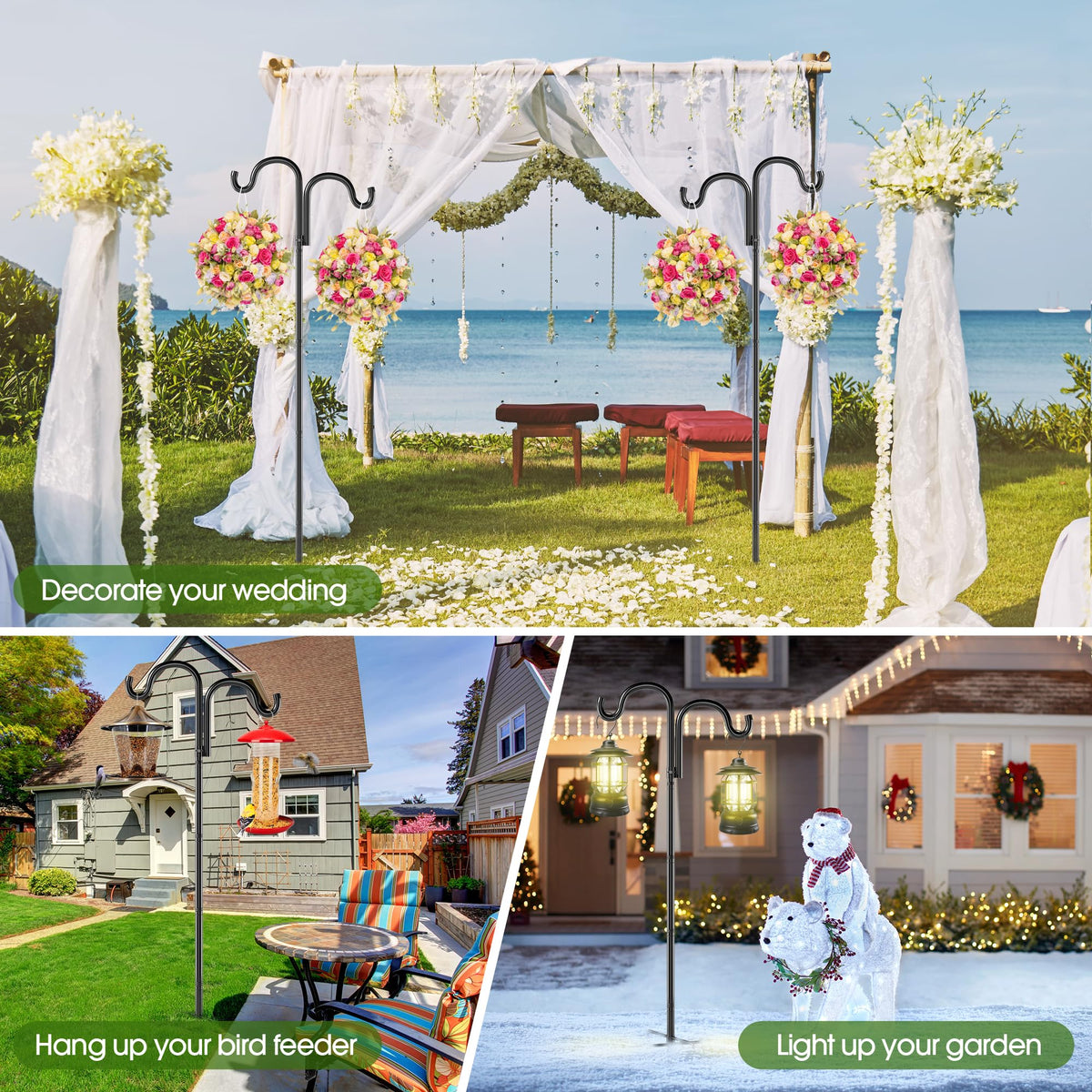 Surprizo Double Shepherds Hook wind chimes and lanterns display in evening glow