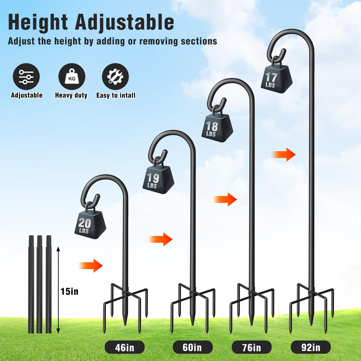 Heavy-duty metal construction withstands rain, snow, and sun while hanging feeders.
