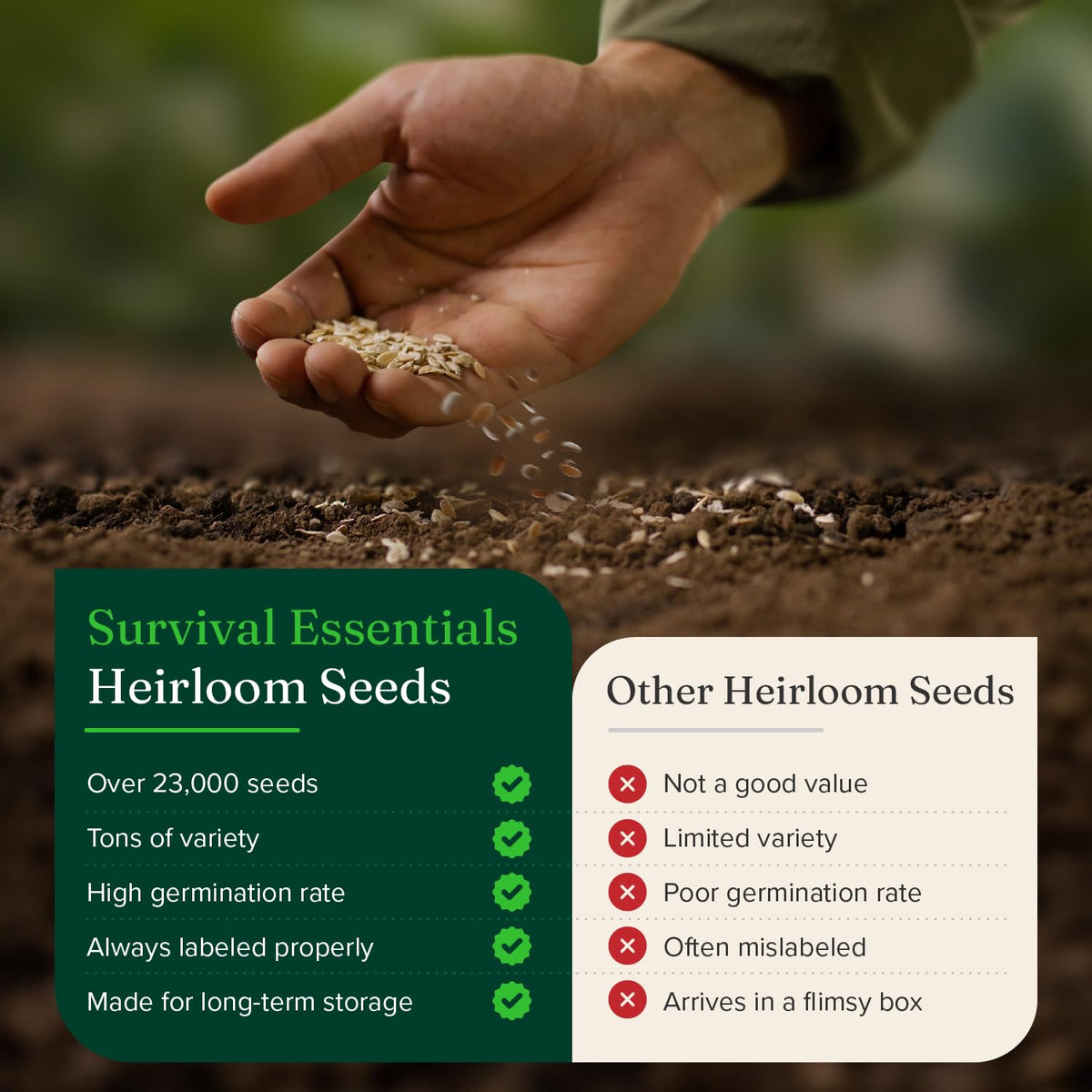 American-grown seeds from Survival Essentials emphasize purity and dependable results.