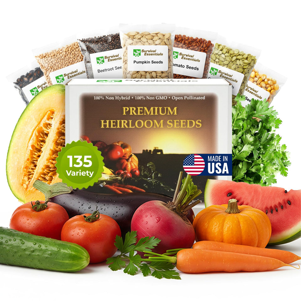 Survival Essentials heirloom seed vault 135-variety offers diverse crops for resilient gardens.