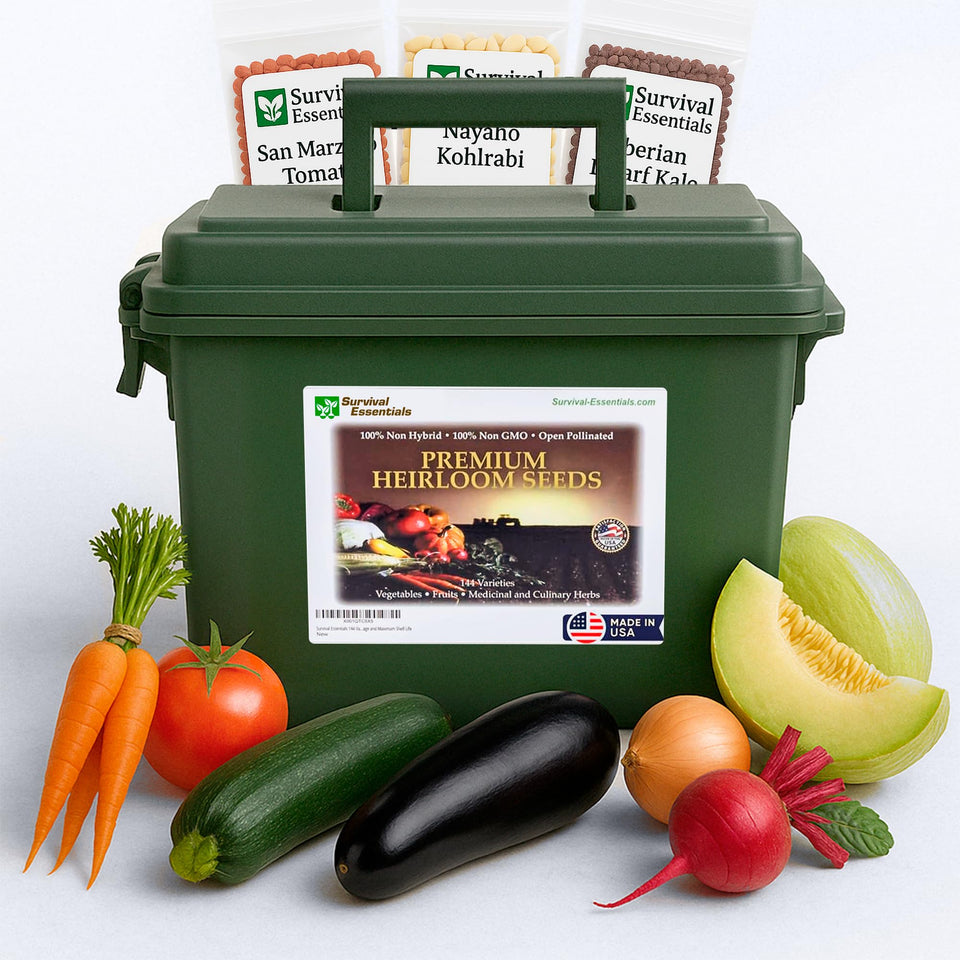 Survival Essentials seed vault kit with 144 varieties for long-term home gardening.