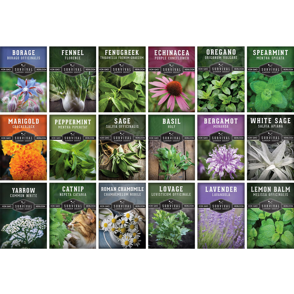 SURVIVAL GARDEN SEEDS 18-herb seed pack for home apothecary and herbal teas.