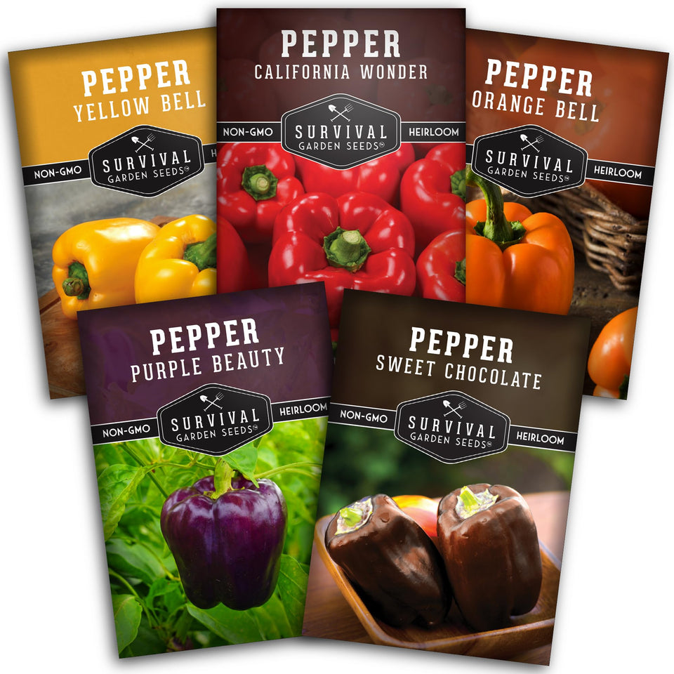 SURVIVAL GARDEN SEEDS bell peppers seed collection packets front, colorful heirloom varieties for home gardening