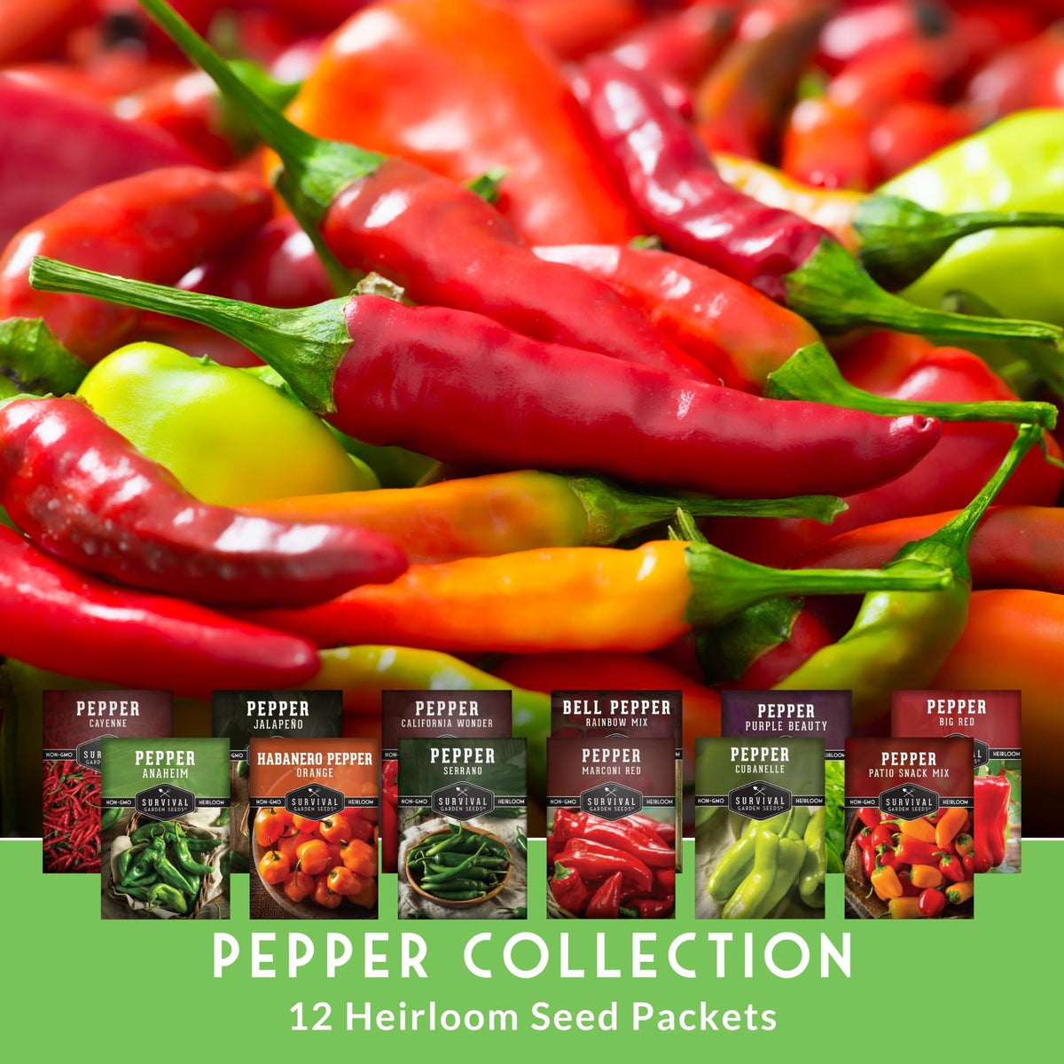 SURVIVAL GARDEN SEEDS cayenne pepper seed image, slender red pods ideal for drying and spice blends
