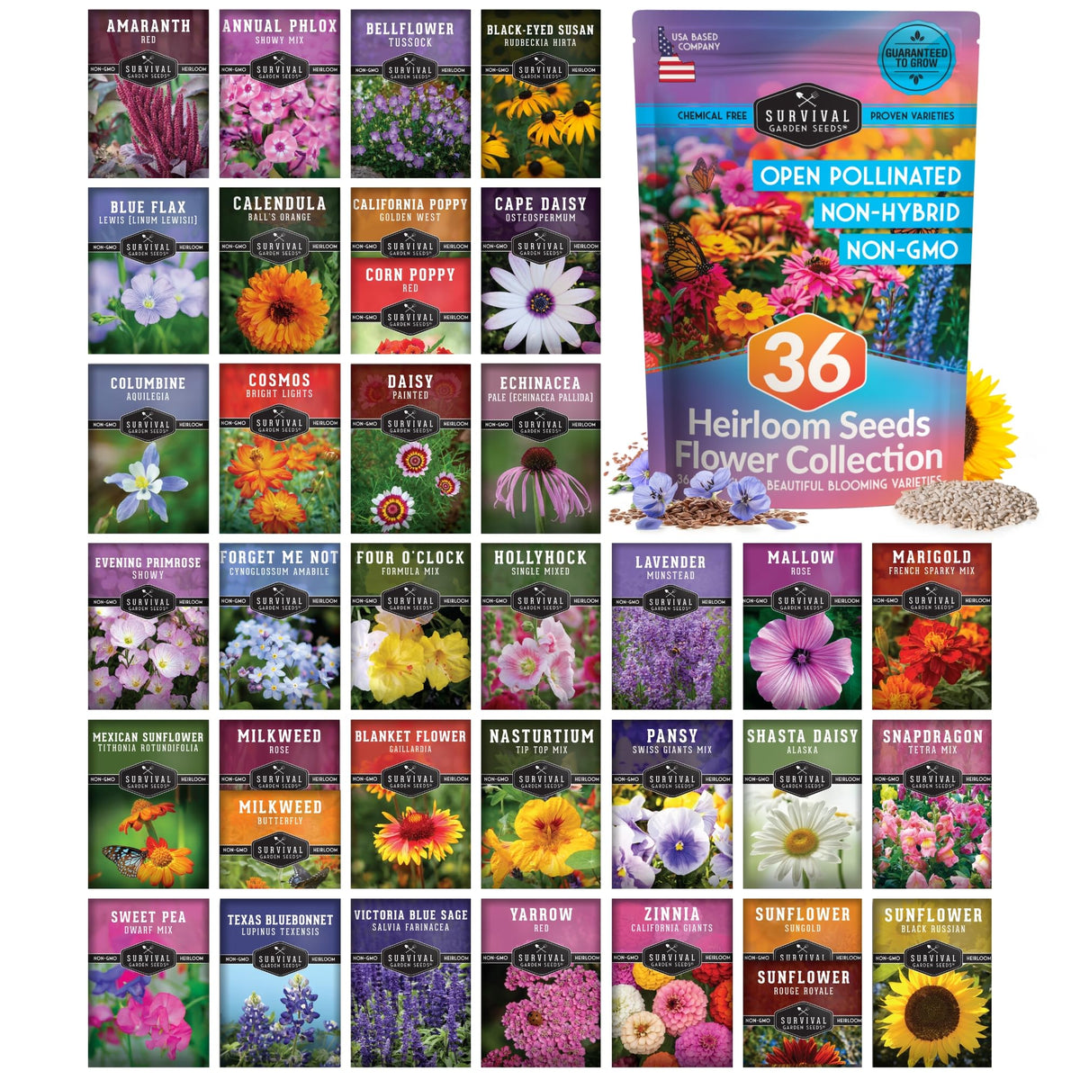 Survival Garden Seeds Flower Seeds Garden Kit front cover showing heirloom varieties for vibrant displays