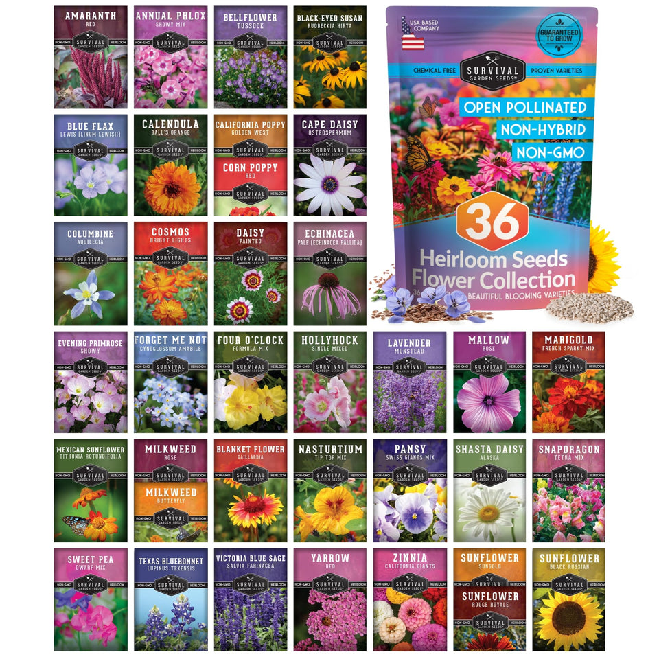 Survival Garden Seeds Flower Seeds Garden Kit front cover showing heirloom varieties for vibrant displays