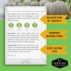 Survival Garden Seeds Hale's Best cantaloupe seed pack close-up on heirloom quality