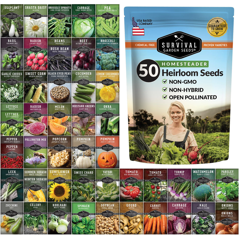 SURVIVAL GARDEN SEEDS Homesteader Seed Vault with 50 packets ready for planting.