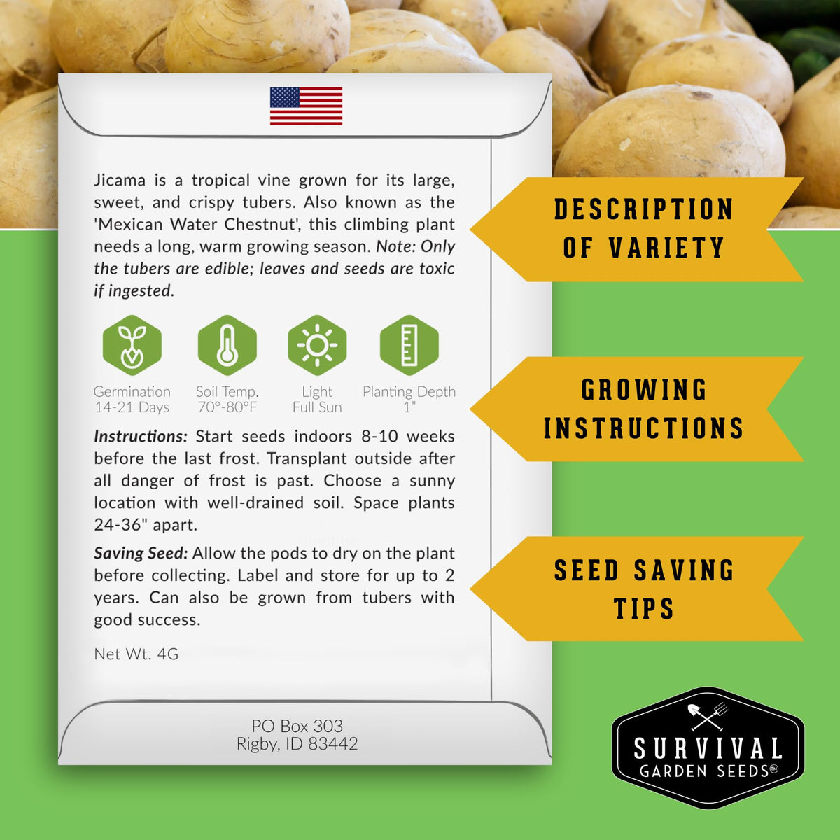 Soak tips image for jicama seeds showing pre-soak steps to assist germination