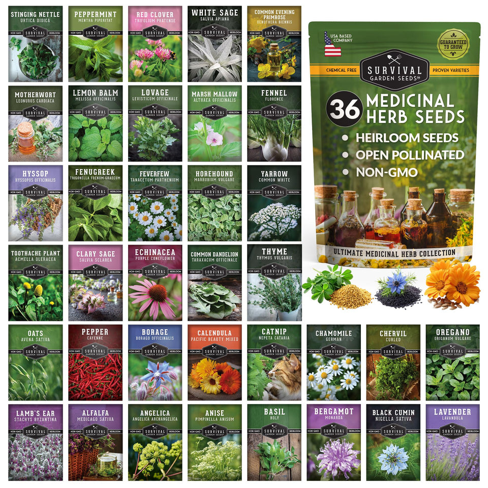 Survival Garden Seeds Ultimate Medicinal Herbs pack image 1 showing seed packets for tea blends.