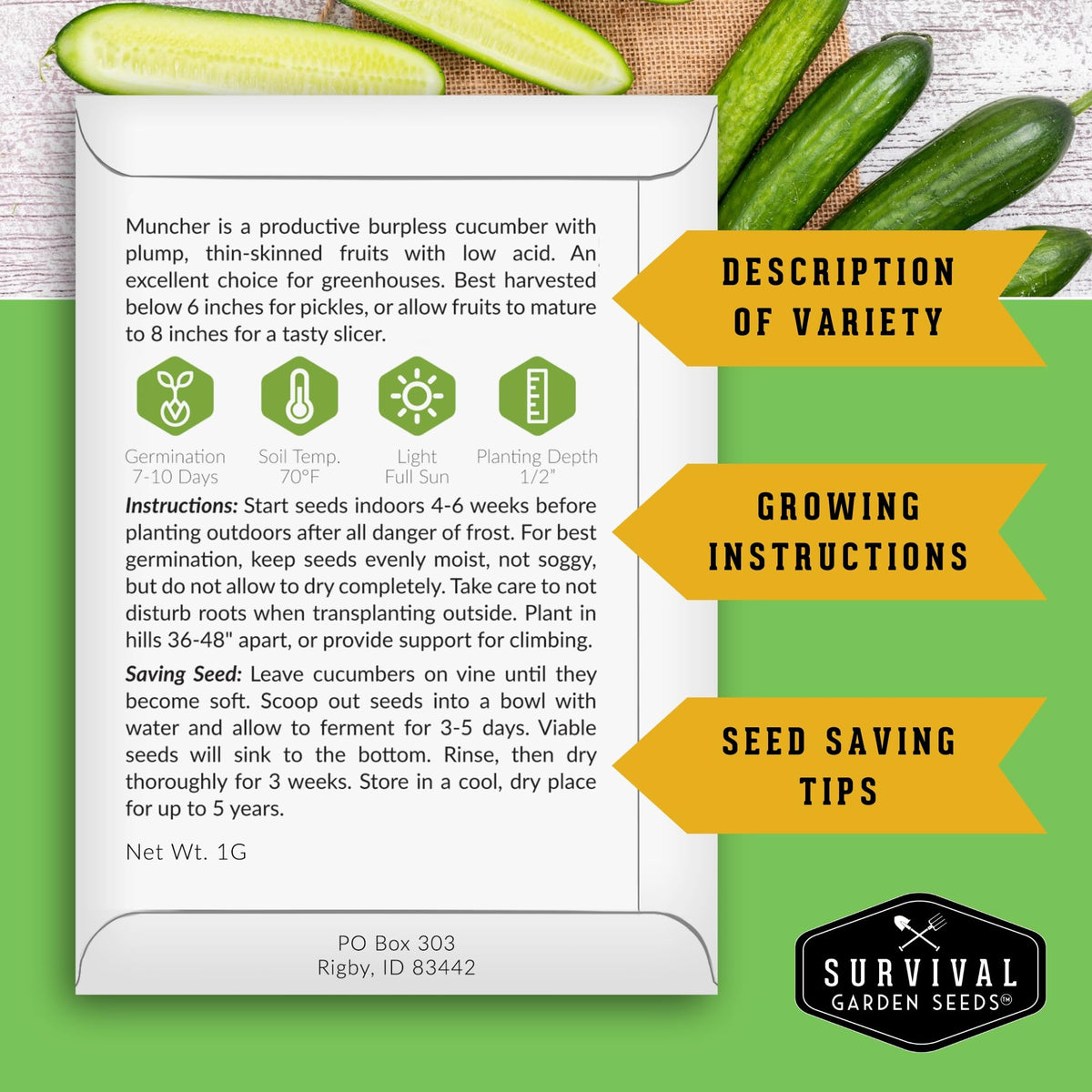 SURVIVAL GARDEN SEEDS Muncher cucumber seeds burpless-skin, gentle on digestion for fresh snacking