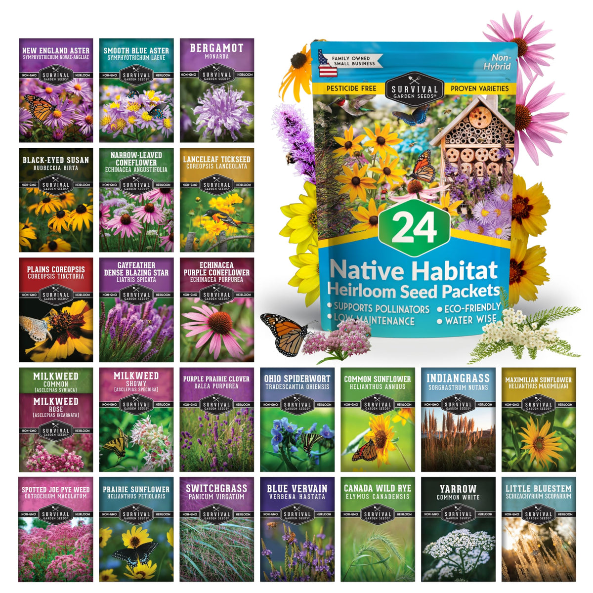 SURVIVAL GARDEN SEEDS native wildflower collection cover—vibrant pollinator-friendly display for gardens