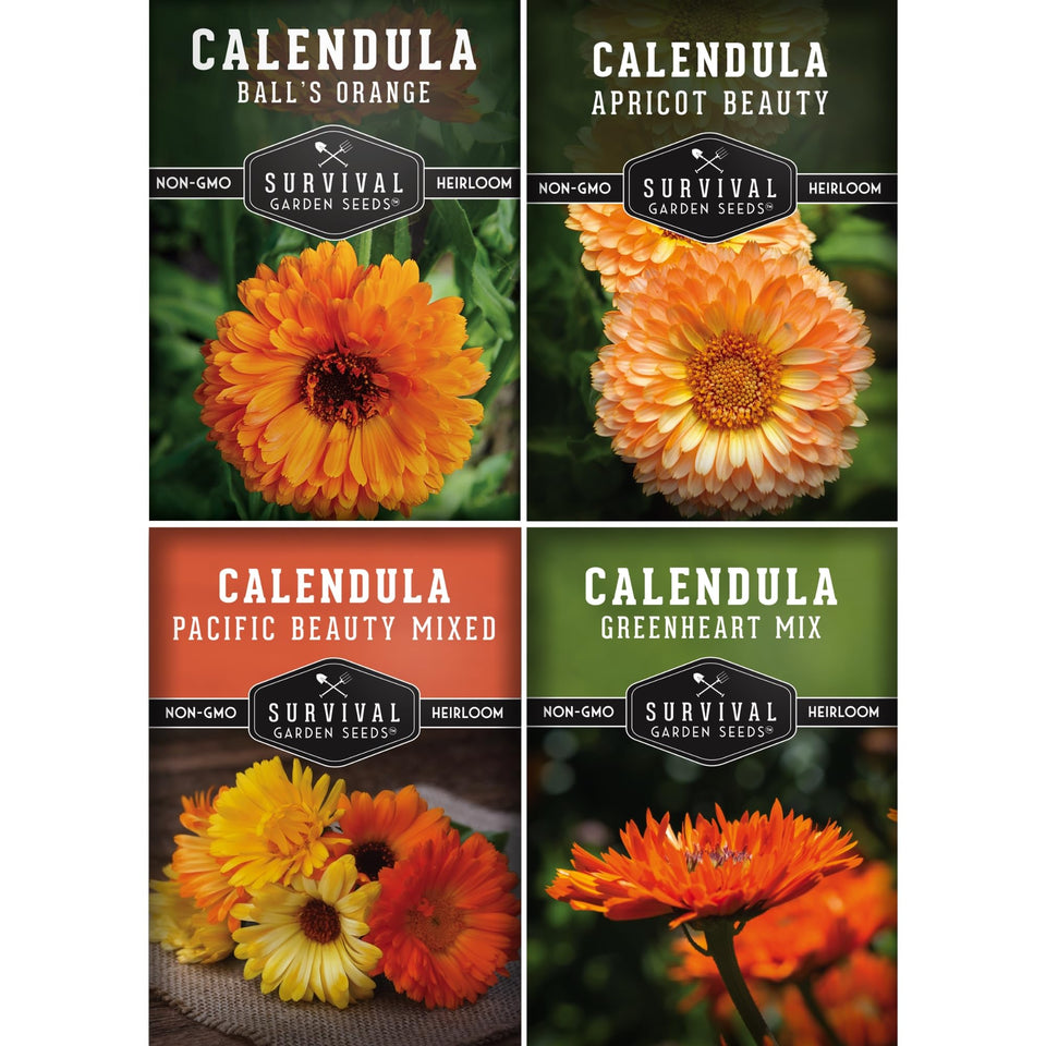 Survival Garden Seeds Pacific Beauty calendula seed pack bursting with vibrant garden color.