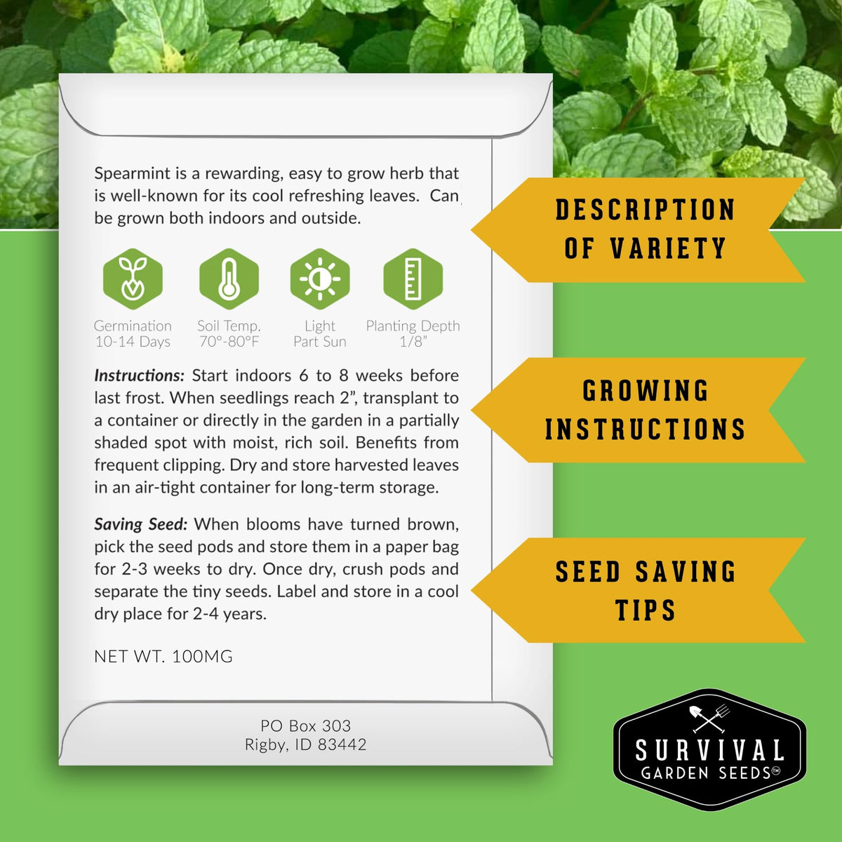 SURVIVAL GARDEN SEEDS Peppermint seed packet, aromatic and container-friendly.