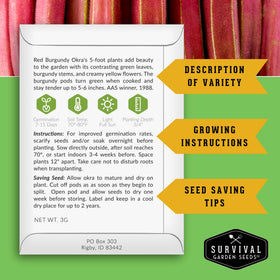 SURVIVAL GARDEN SEEDS Red Burgundy okra adds vibrant color to summer dishes.