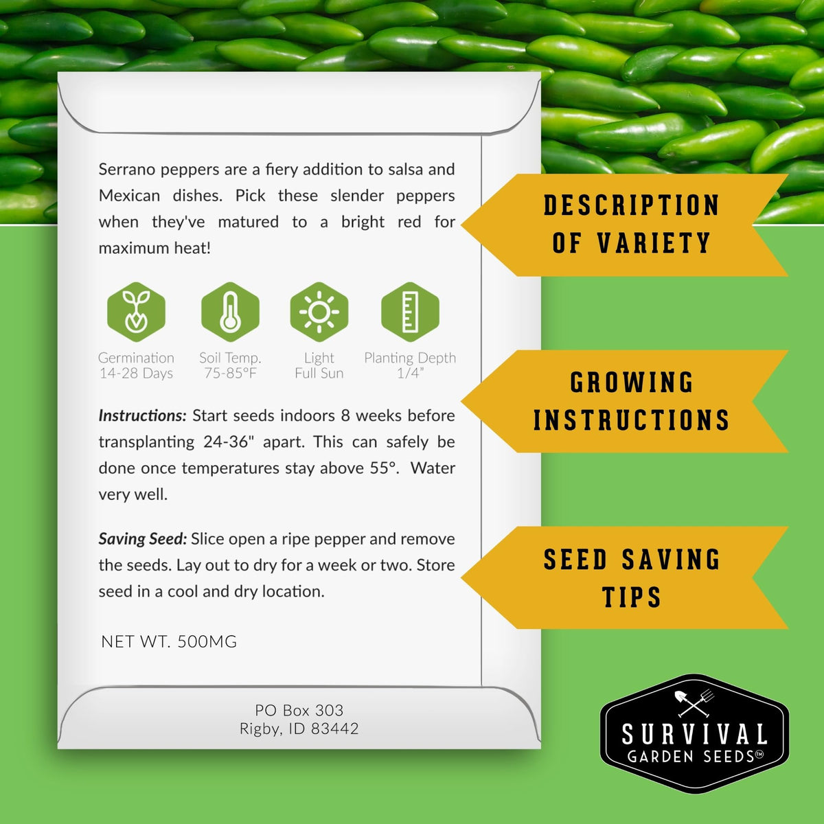 SURVIVAL GARDEN SEEDS serrano pepper seeds ideal for hot sauces