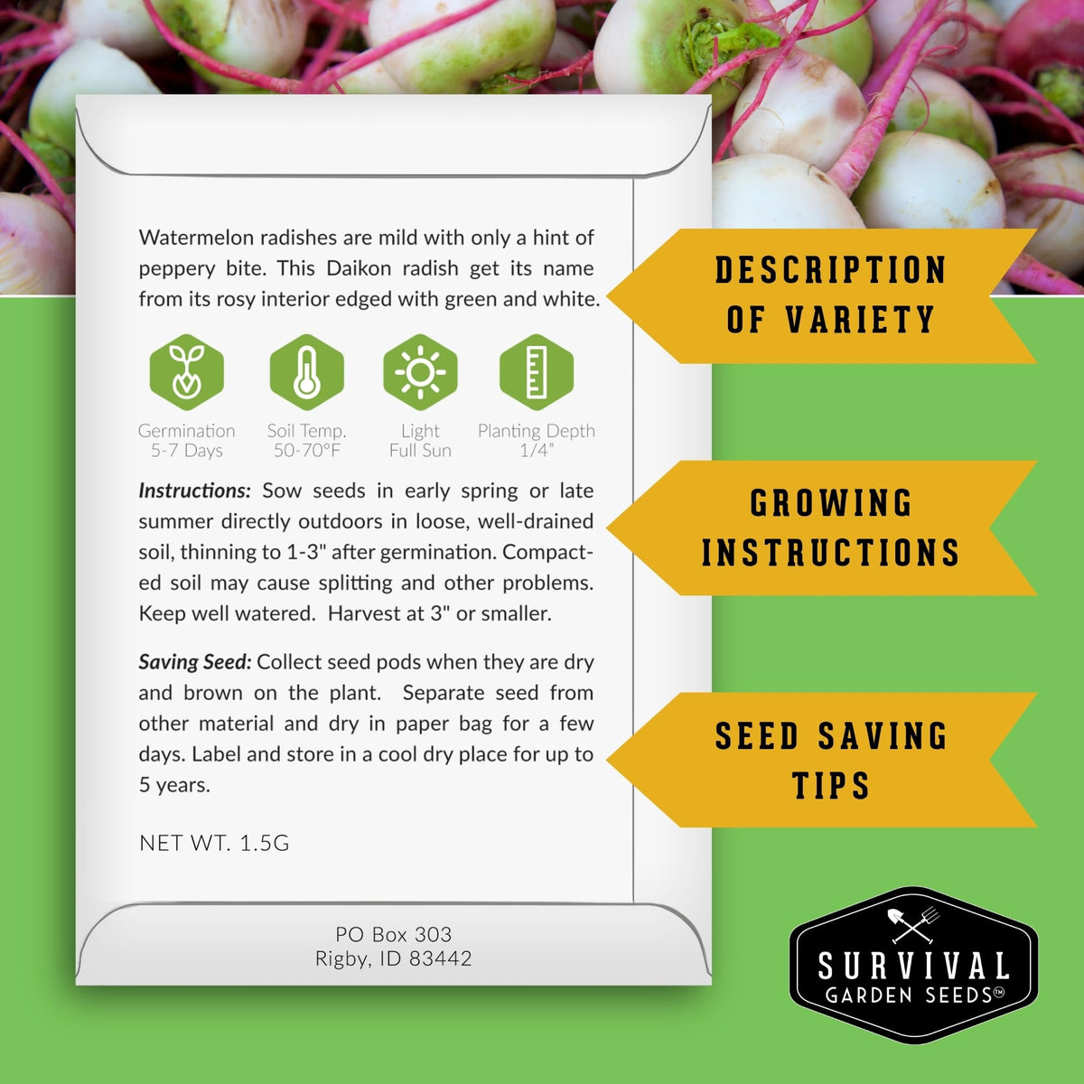 Survival Garden Seeds watermelon radish seeds for colorful, crisp roots.