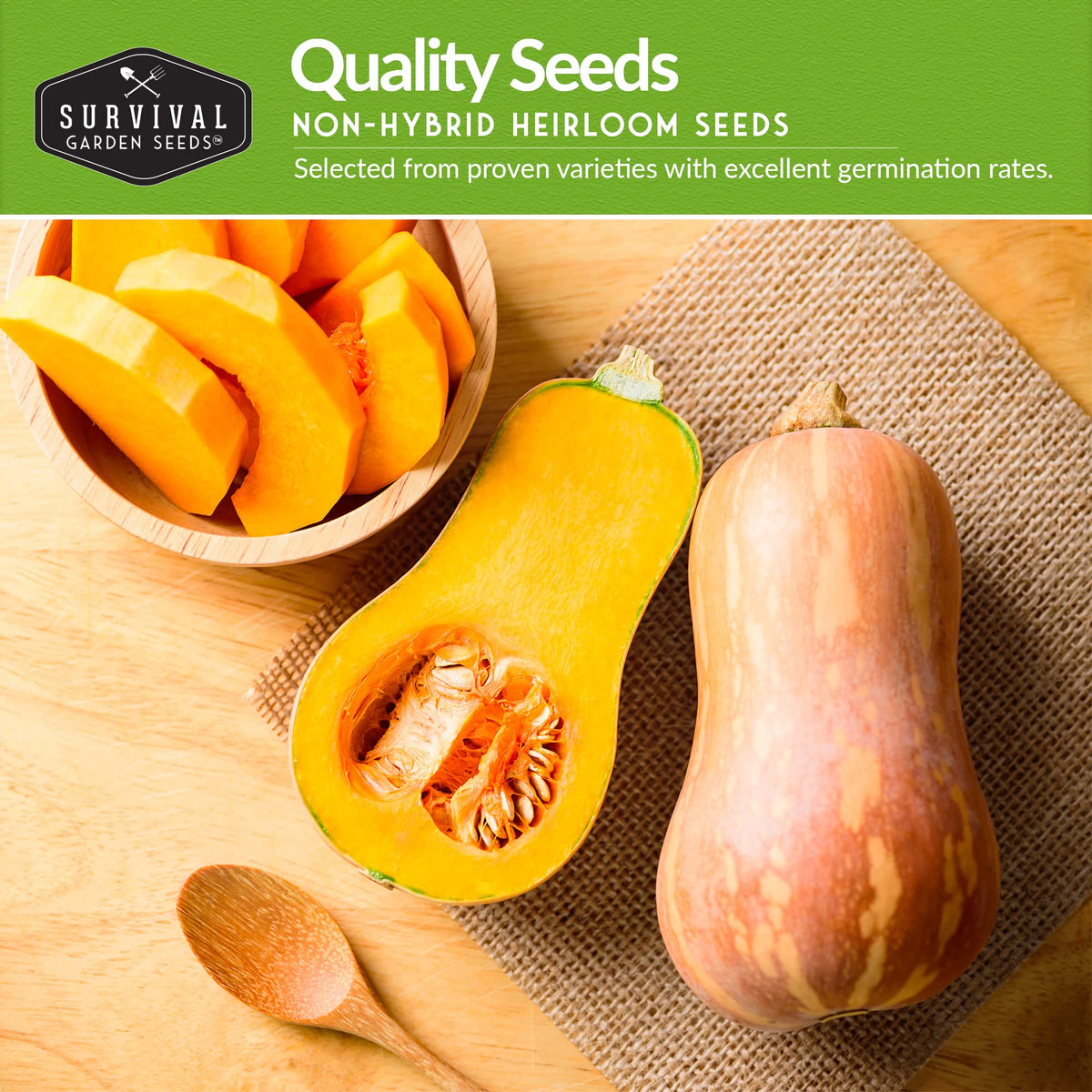 Survival Garden Seeds Yellow Straightneck squash seed packet for easy garden yields.