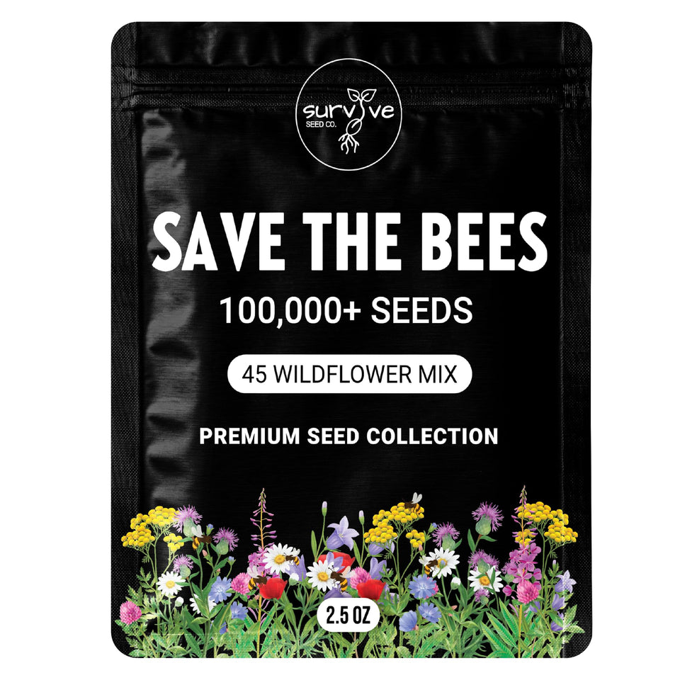 Survive Seed Co. 100k wildflower seeds packet promotes pollinator-friendly gardens.