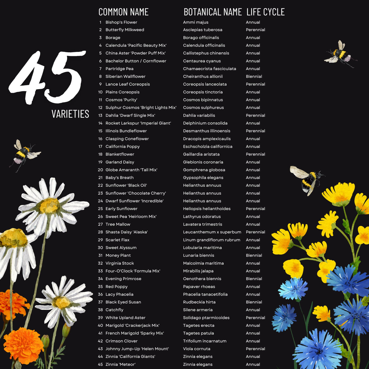 Survive Seed Co. nectar-rich wildflowers support biodiversity with varied heights and bloom times.