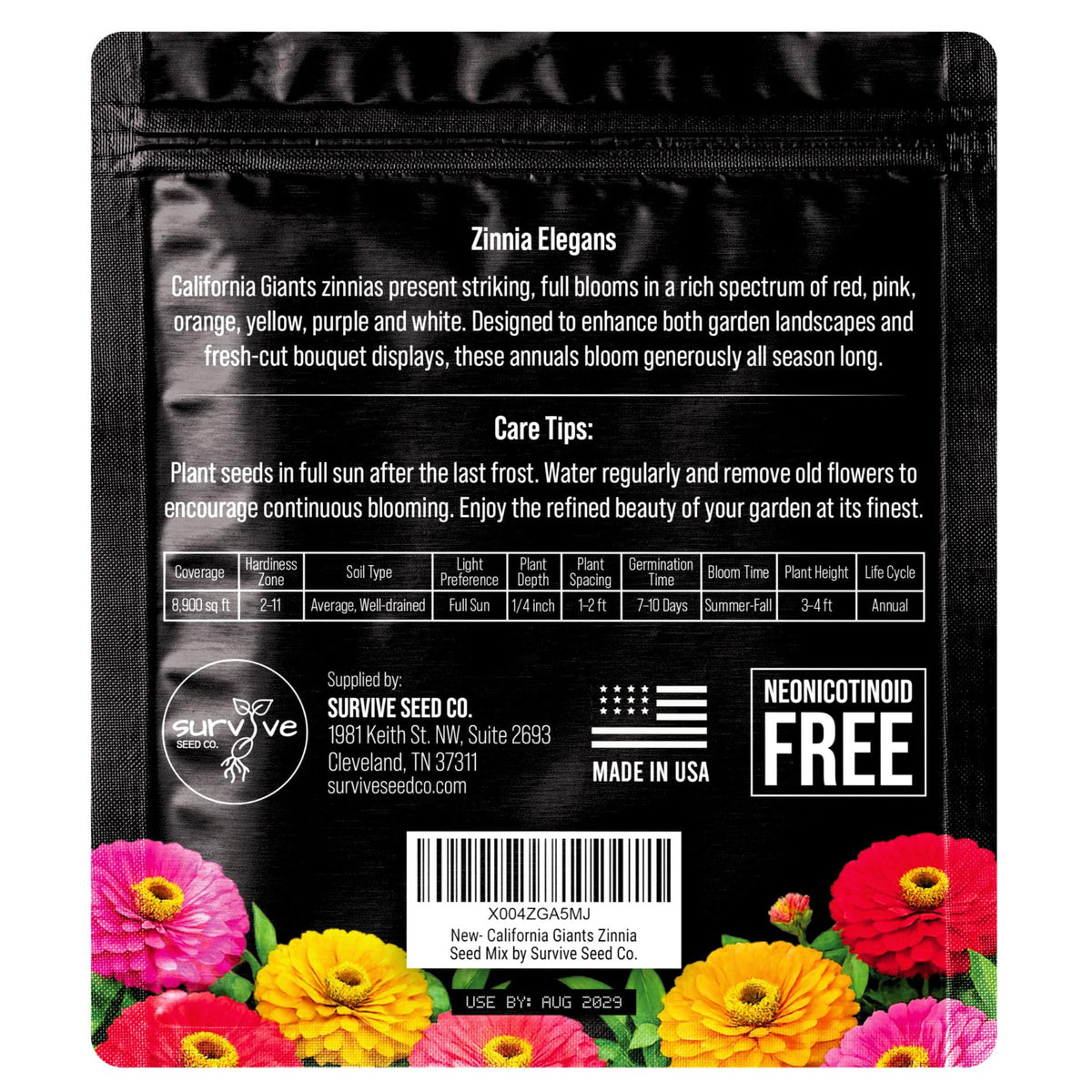 Survive Seed Co. Zinnia seeds pollinator-friendly — attracts bees and butterflies to your yard.