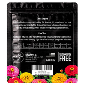 Survive Seed Co. Zinnia seeds pollinator-friendly — attracts bees and butterflies to your yard.
