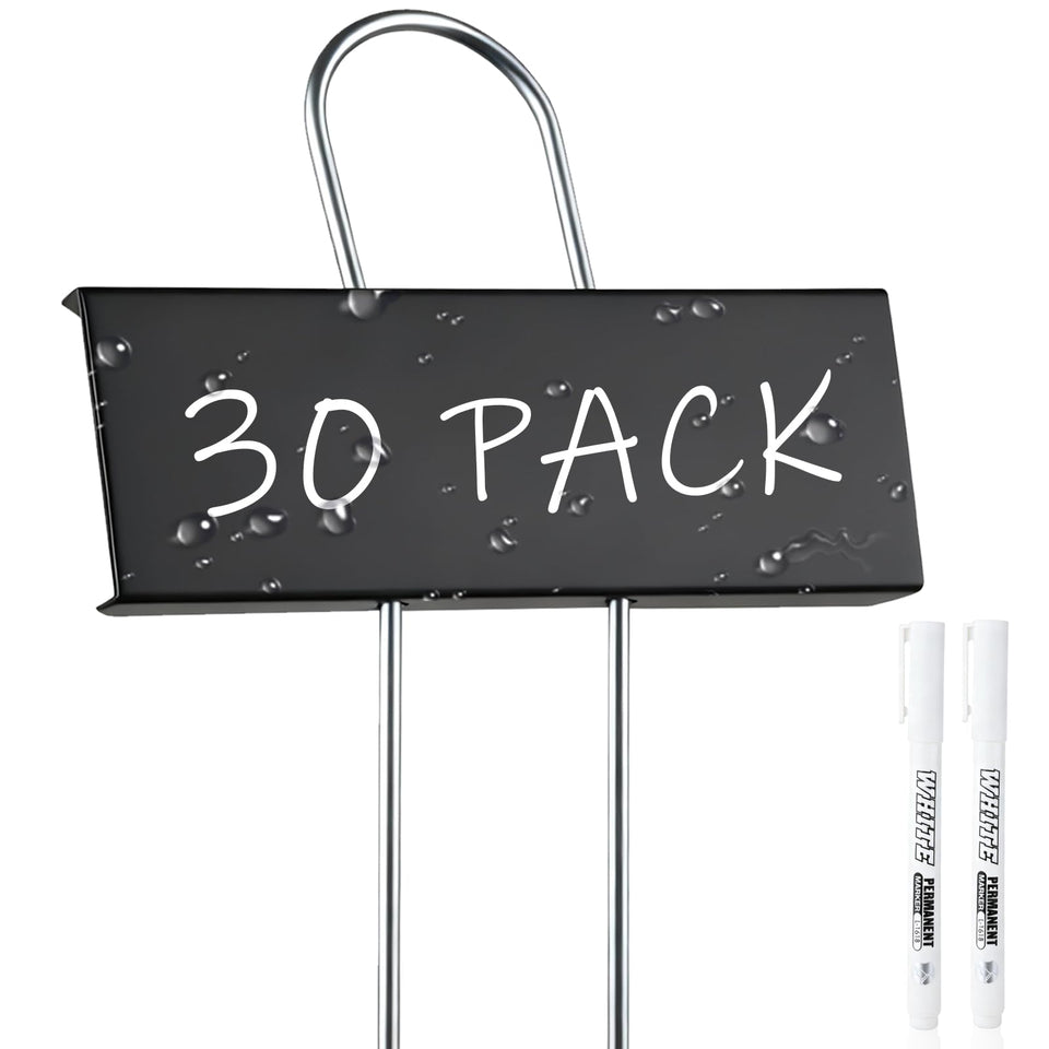 SUSUSUBAO 30-pack metal plant labels with stakes for organized garden labeling.