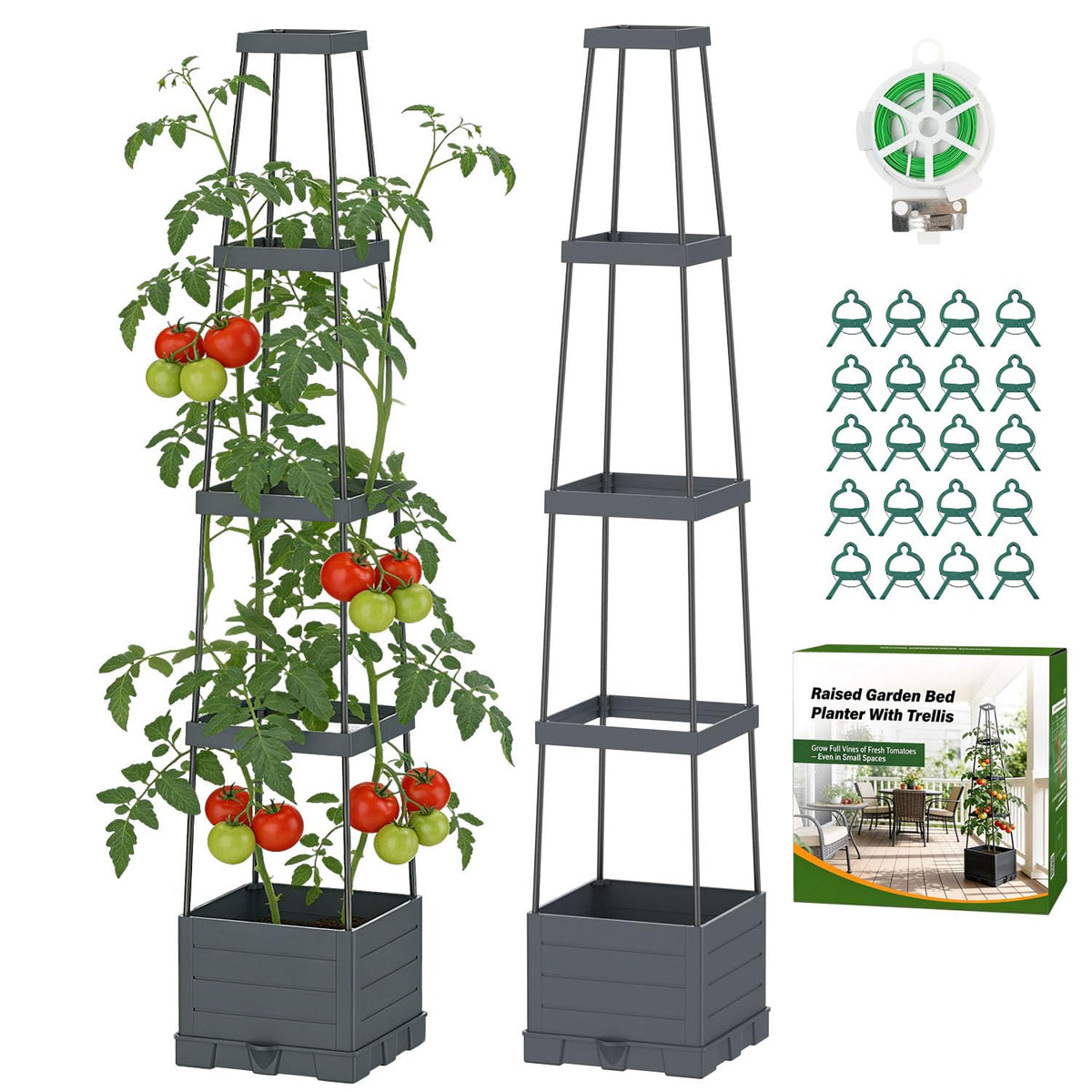 Suteck raised garden bed with trellis supporting climbing tomatoes outdoors