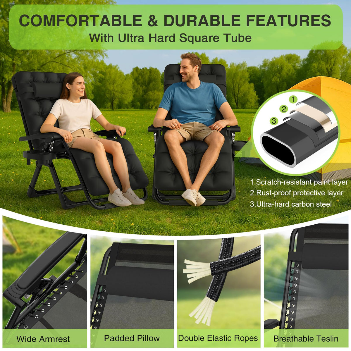 Suteck Zero Gravity Chair featuring Texlin fabric for breathable durability.