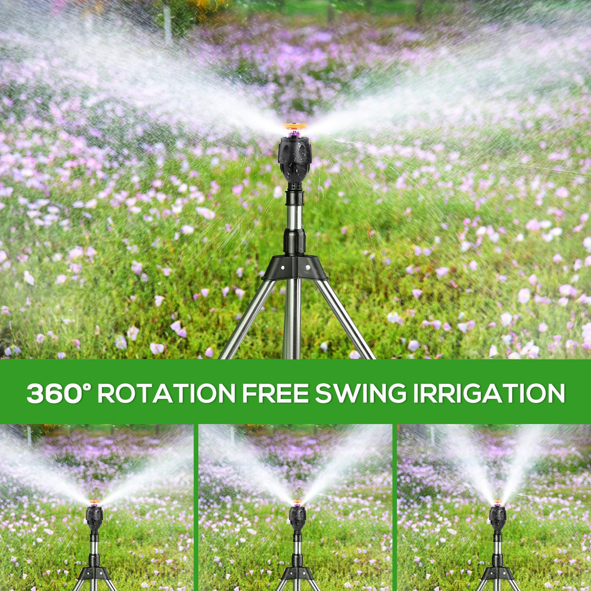 Suteng tripod sprinkler showing adjustable height for precise watering reach.