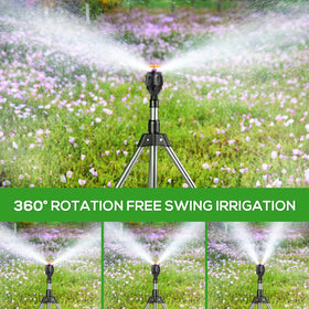 Suteng tripod sprinkler showing adjustable height for precise watering reach.