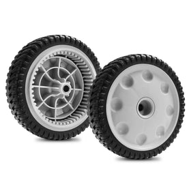 Sutmorly front drive wheel set gray for improved traction on damp grass.