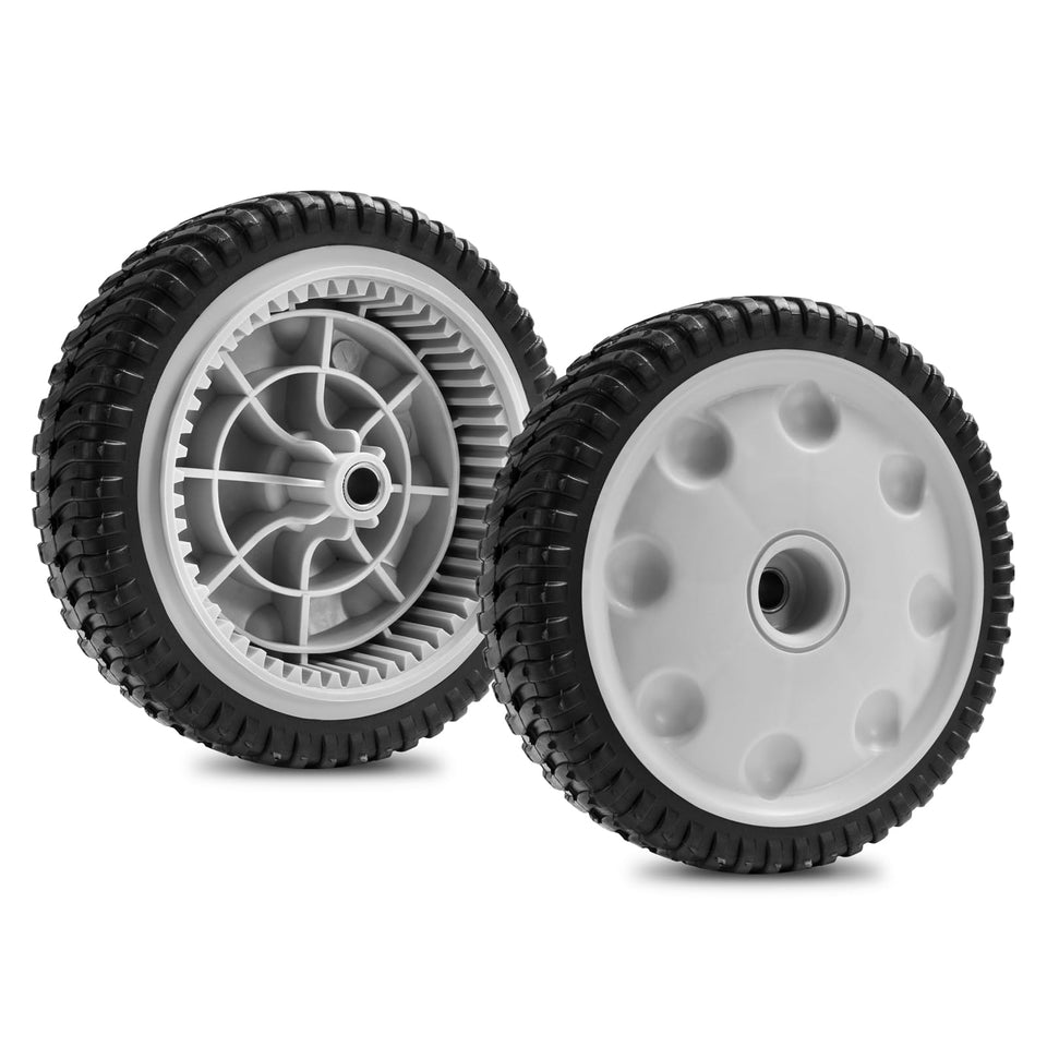 Sutmorly front drive wheel set gray for improved traction on damp grass.