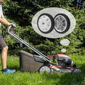 Sutmorly rear wheel installed on a lawn mower in action.