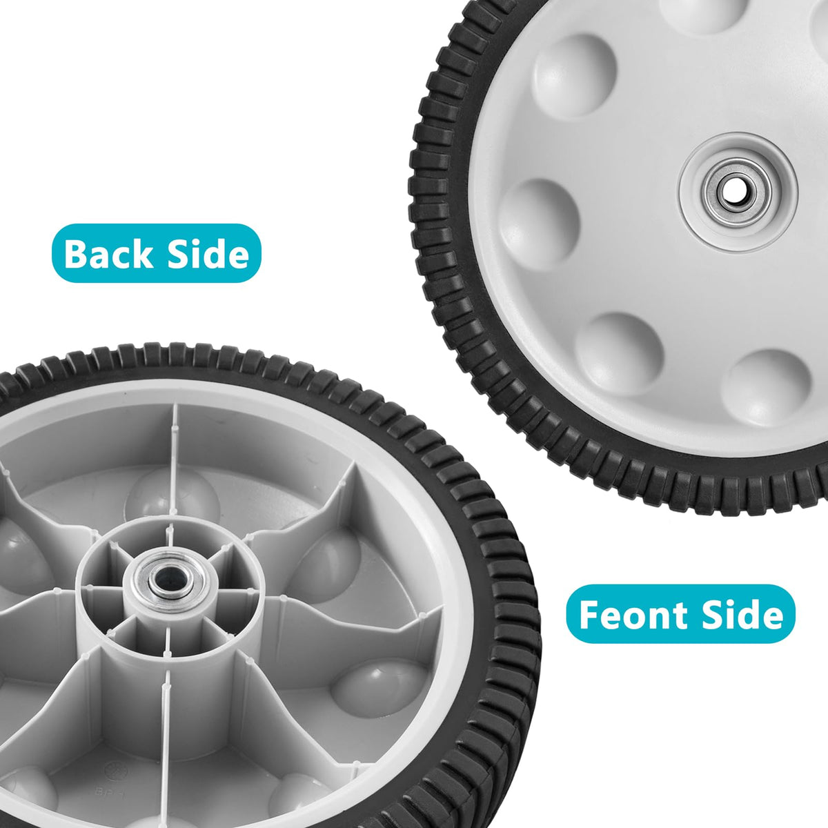 Sutmorly rear wheel tread detail shows rugged grip on turf.