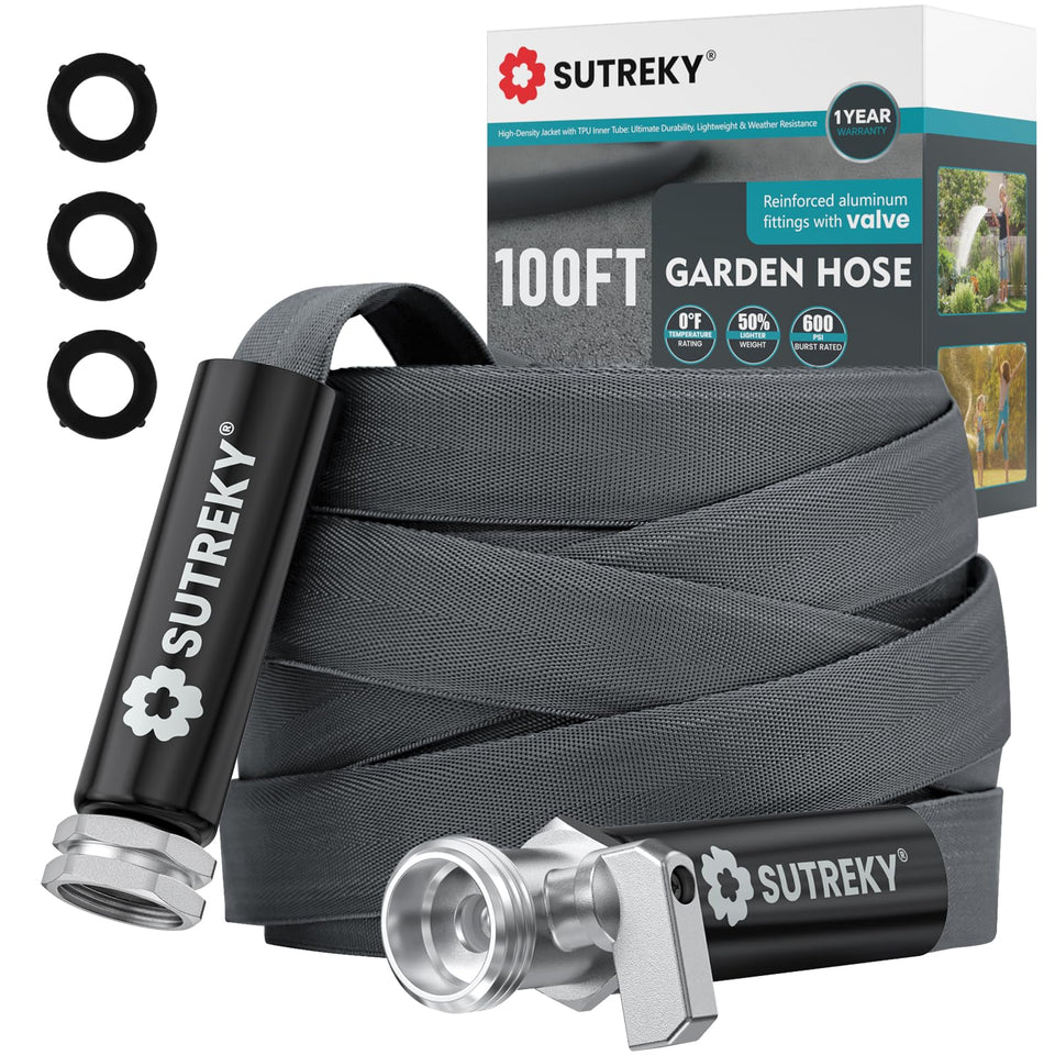 SUTREKY 100ft garden hose with built-in valve for leak-free water delivery