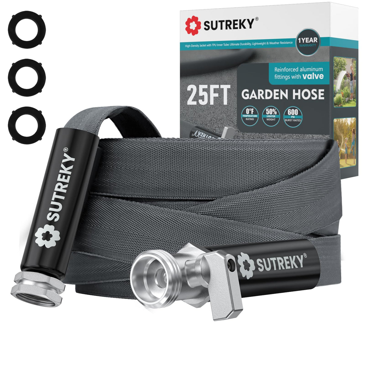 SUTREKY 25ft garden hose with built-in valve for leak-free connections.