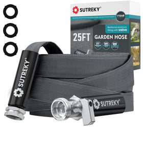 SUTREKY 25ft garden hose with built-in valve for leak-free connections.