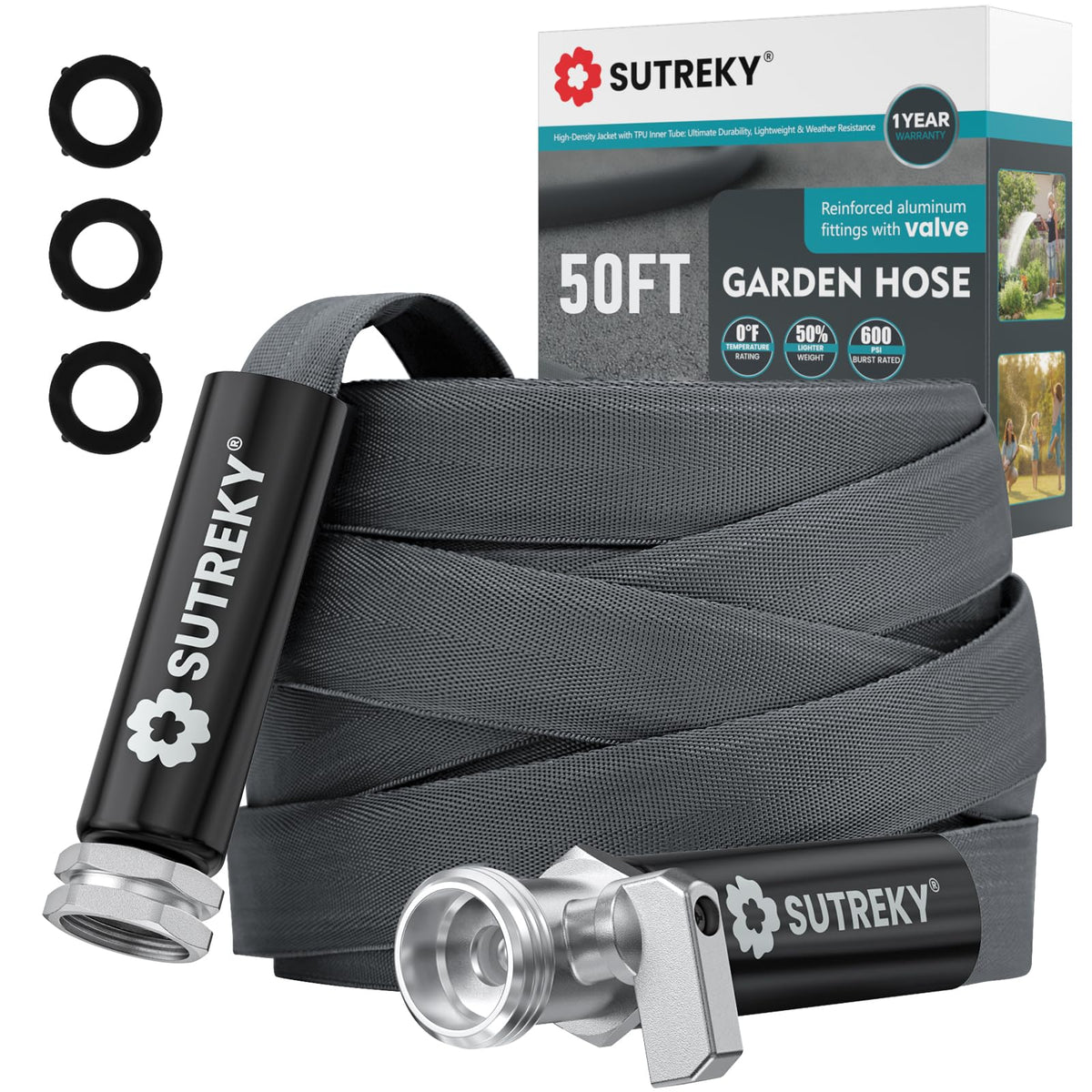 SUTREKY 50ft garden hose in use delivering steady water to garden beds