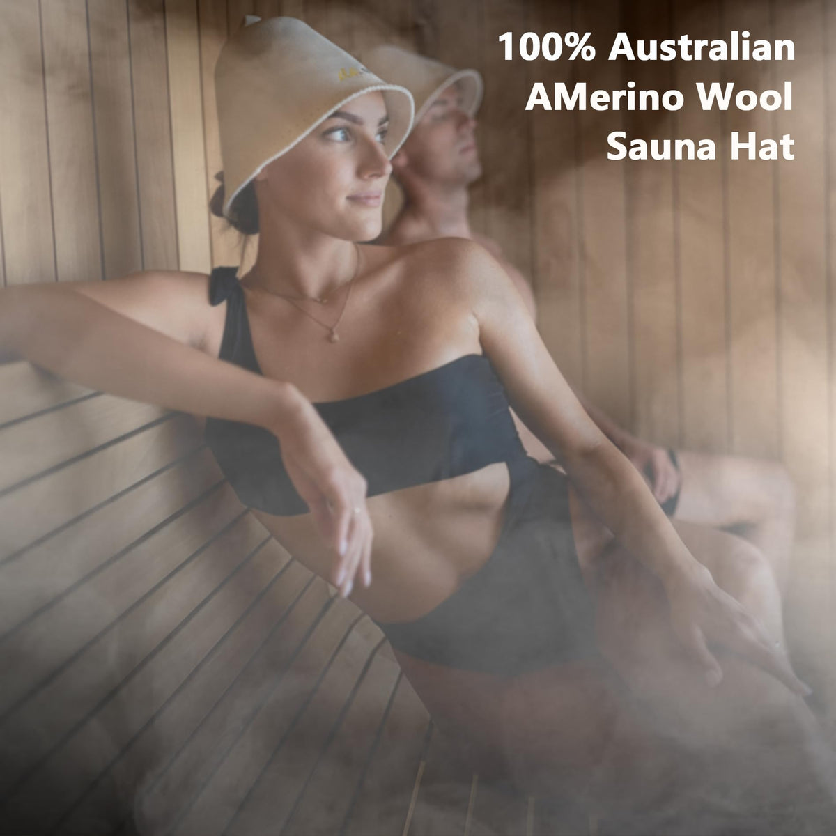 Suvast Merino Wool Sauna Hat demonstrates heat regulation in a Nordic-inspired look