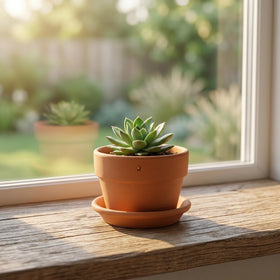 Suwimut indoor-outdoor display with warm neutral color enhancing plants