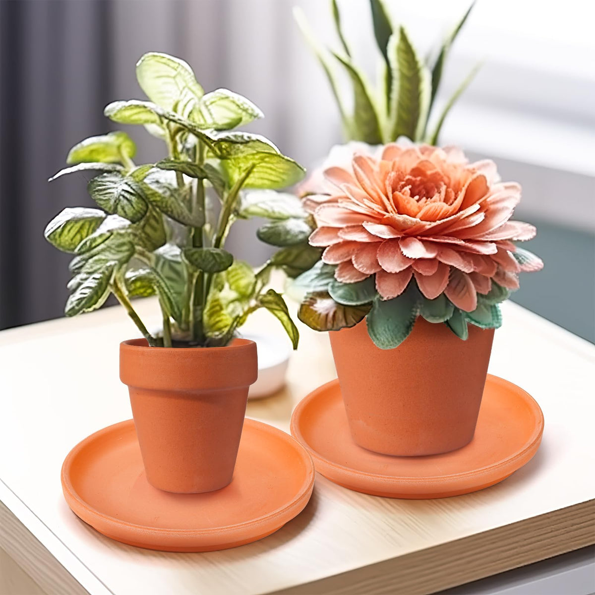 Suwimut terracotta saucer drainage feature protects surfaces from spills.