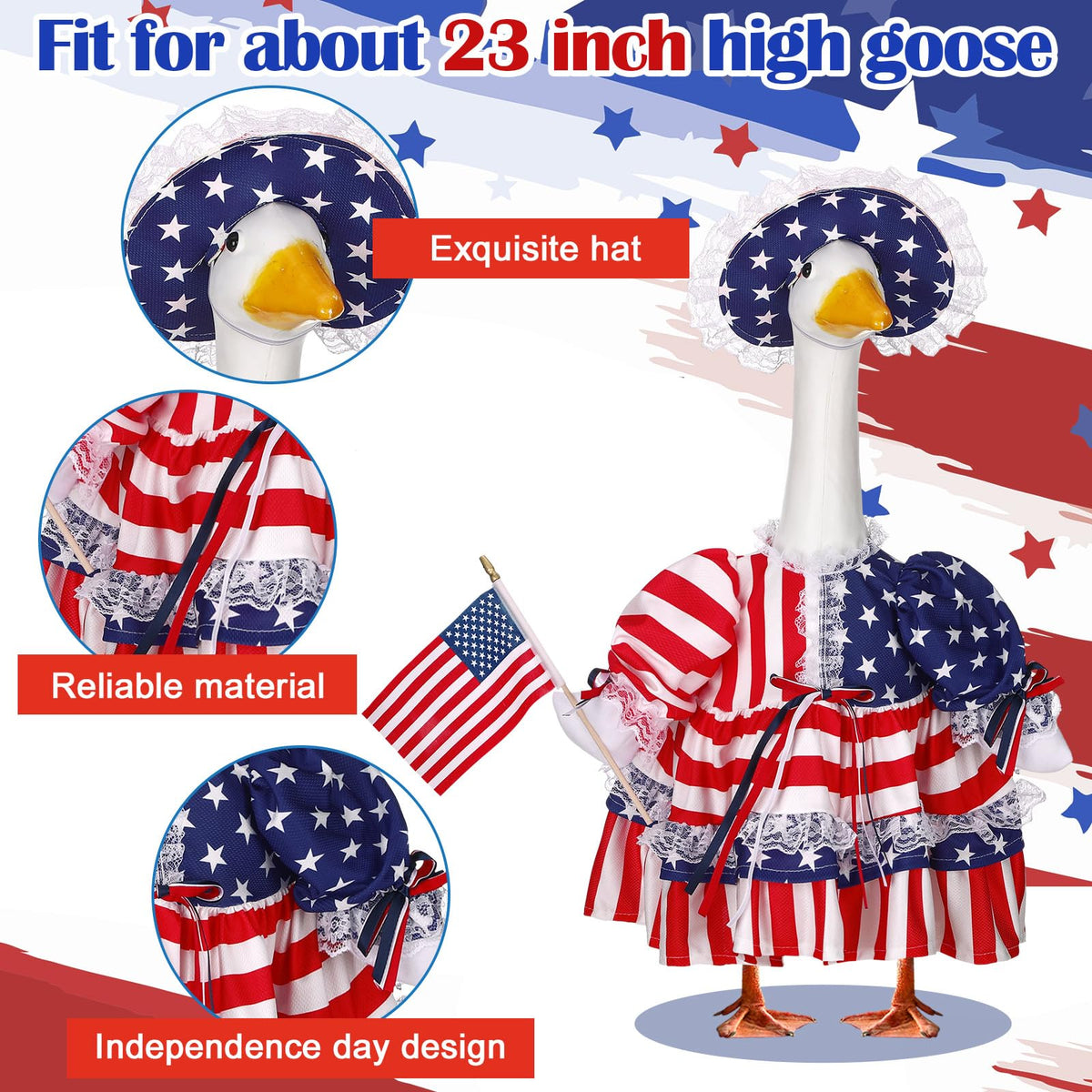 Suzile Independence Day cap and flag add playful detail to 23-inch geese