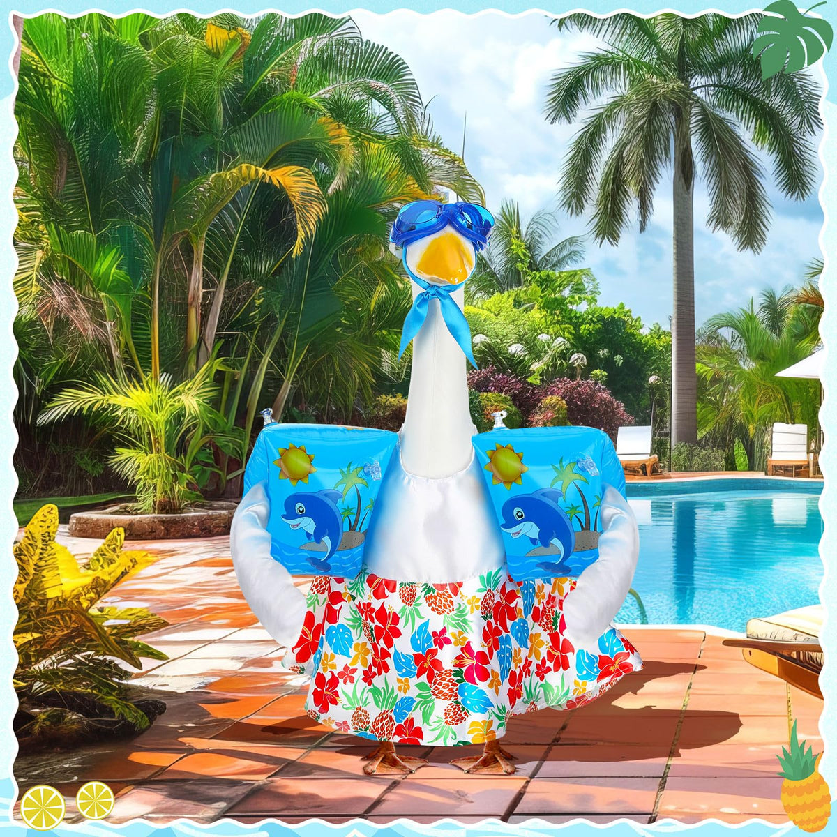 Blue arm floaties with Suzile goose outfit for safe-looking poolside décor
