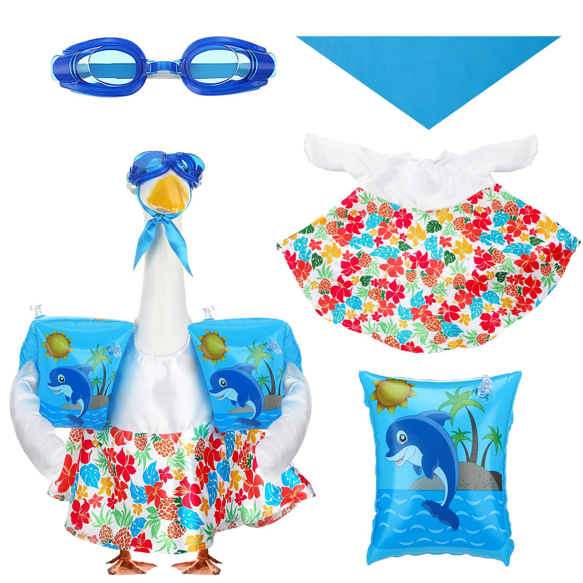 Suzile Summer Goose Outfit with Hawaiian luau on a 23-inch lawn goose for a festive yard display